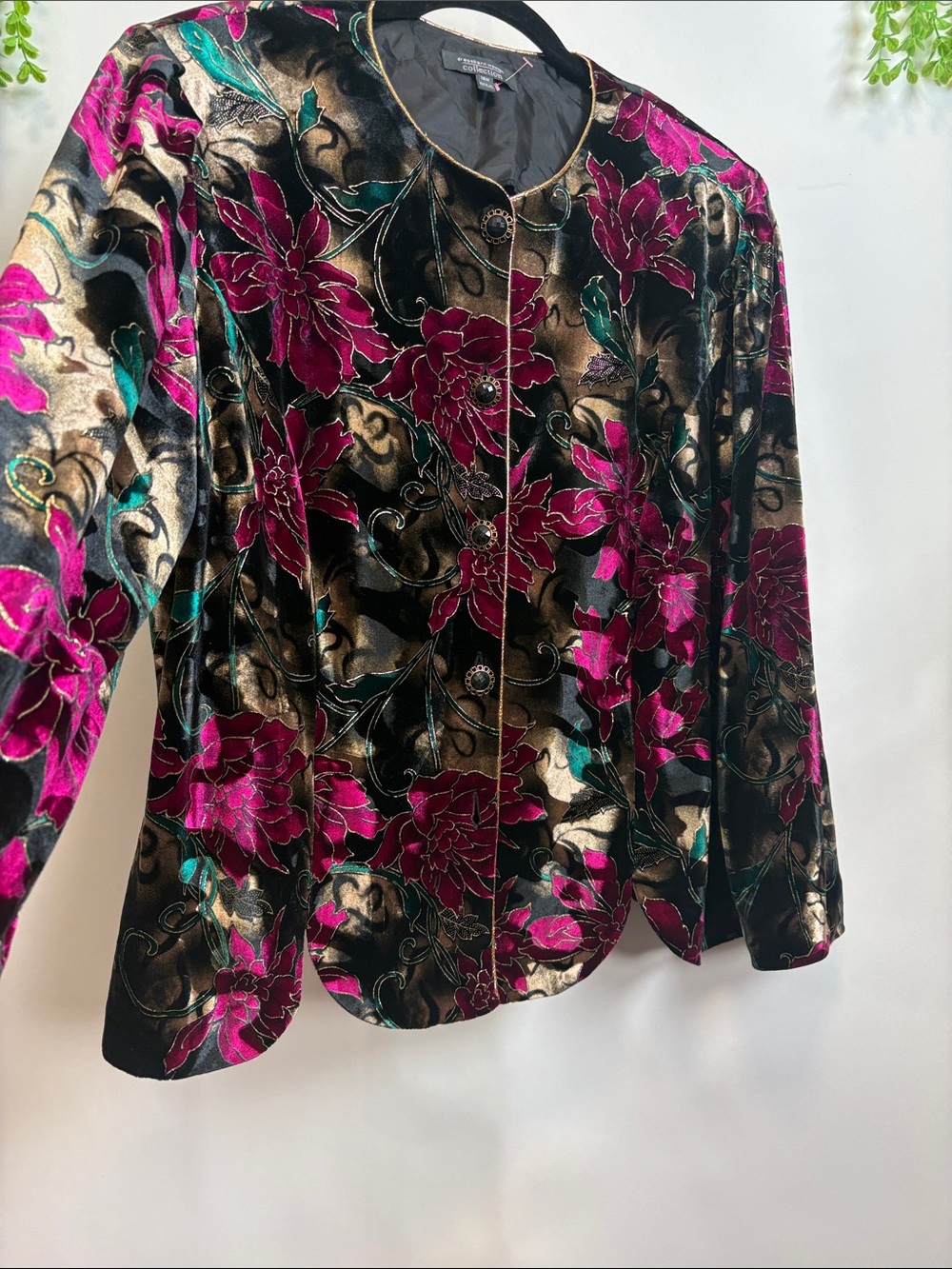 dressbarn Black Velvet Floral Button Jacket with Pink Accents